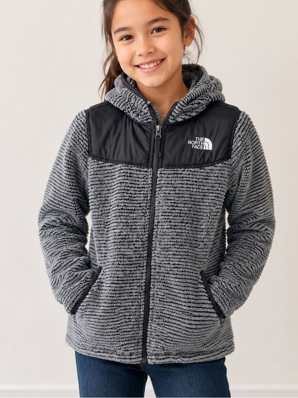 The North Face Girl’s Jacket L Fleece Hoodie Youth
Black/gray Full Zip Striped